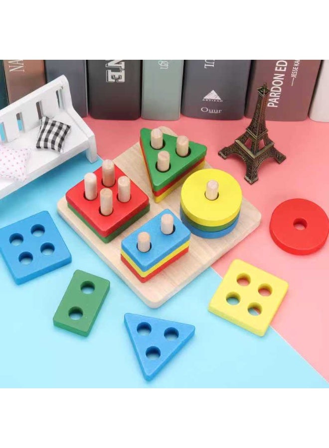 HIFINIT Montessori Wooden Shape Sorter Stacking Toy – Educational Peg Puzzle for Kids (4 Shapes, Colorful) - Image 4